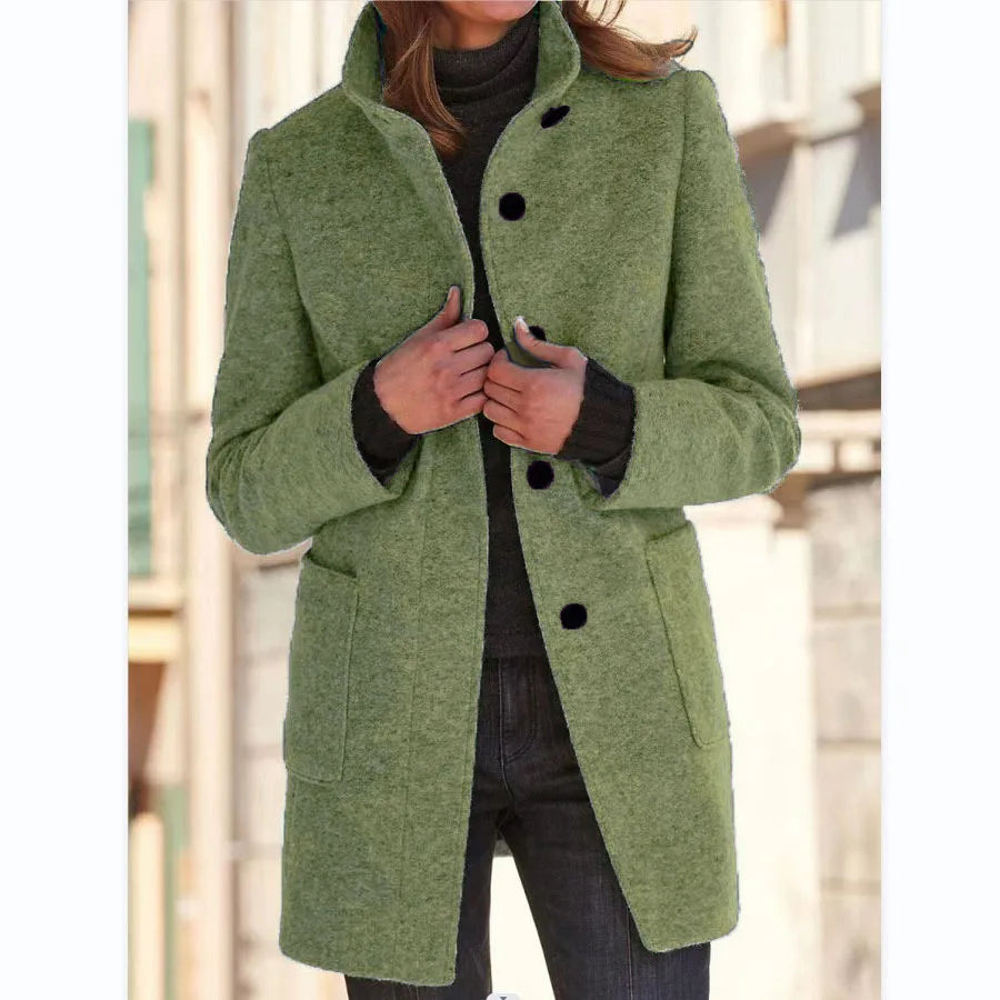 Women's Stand Collar Longline Coat, Single-Breasted Straight Fit Jacket with Pockets