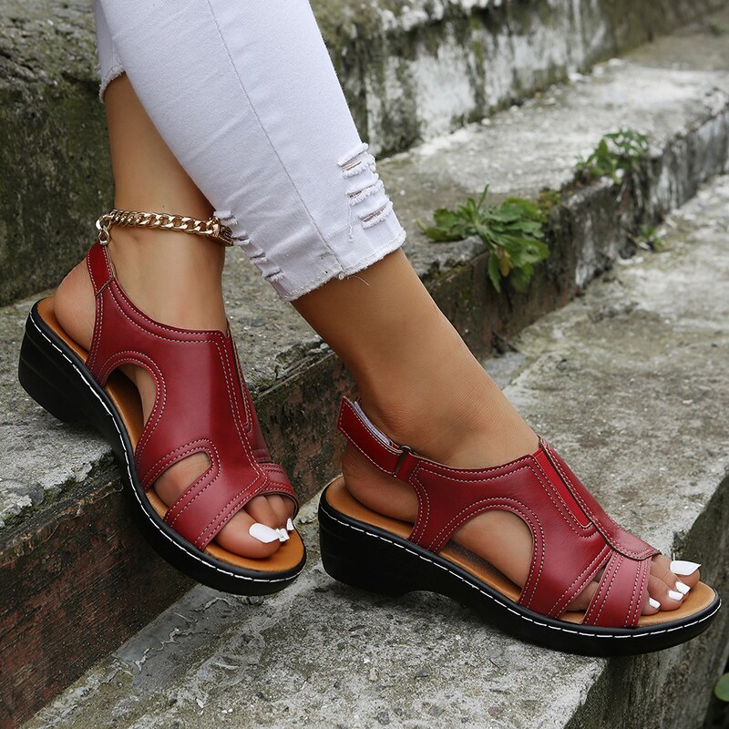Open Toe Ankle Strap Sandals Women Faux Leather Orthopedic Wedge
