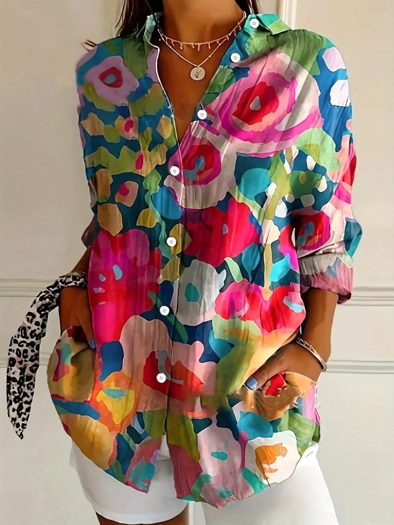 Women's Printed Blouse Woven Fabric Button Down Long Sleeve Relaxed Fit
