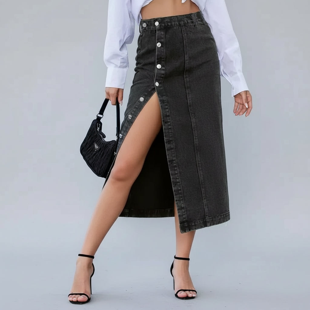 Axelle / Womenâs High-Slit Denim Midi Skirt