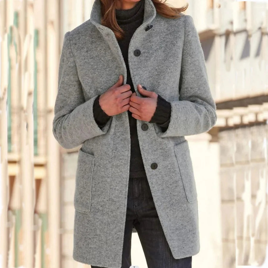 Women's Stand Collar Longline Coat, Single-Breasted Straight Fit Jacket with Pockets