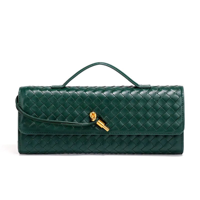 Women’s Woven Faux Leather Clutch Bag with Top Handle, Flap Closure and Metal Fastening