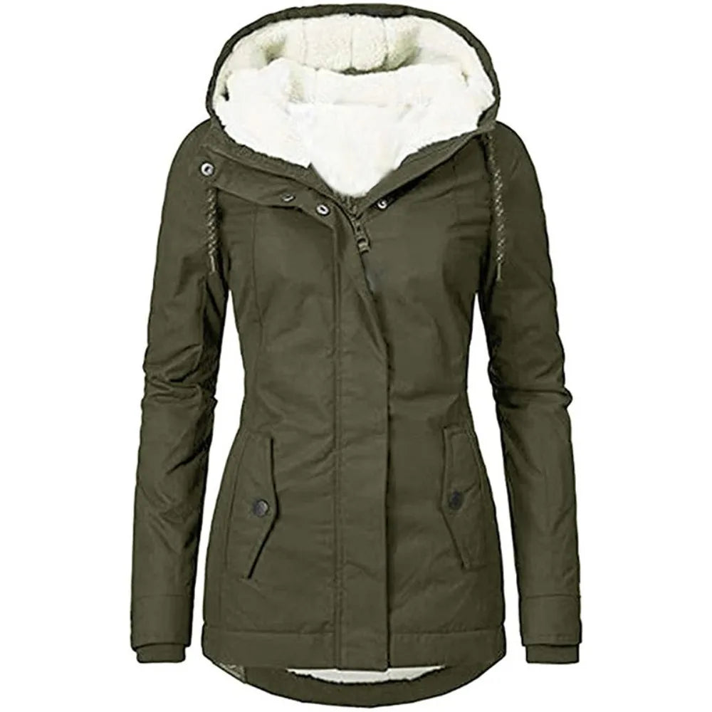 Women's Fleece Lined Hooded Coat, Quilted Winter Jacket with Asymmetric Zip