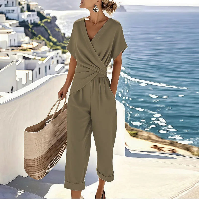 Women's Two Piece Set Wrap Top Cropped Trousers Linen Blend Relaxed
