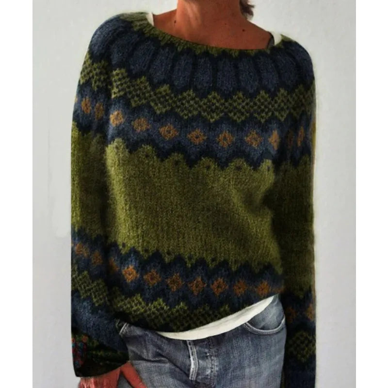 Women's Fair Isle Jumper, Crew Neck Yoke Pattern Loose Fit Knitwear