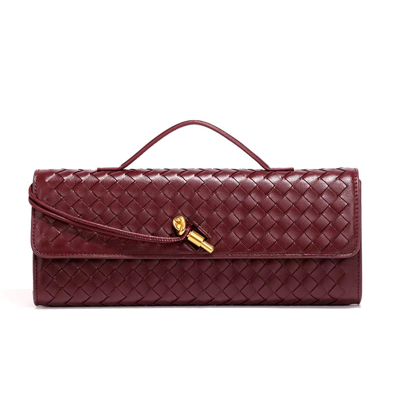 Women’s Woven Faux Leather Clutch Bag with Top Handle, Flap Closure and Metal Fastening