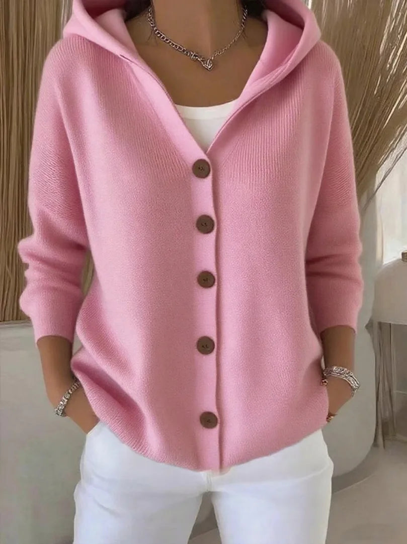 Women's Hooded Knitted Cardigan, Button-Front Loose Fit Knit Jacket