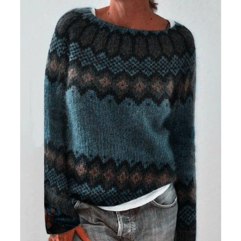 Women's Fair Isle Jumper, Crew Neck Yoke Pattern Loose Fit Knitwear