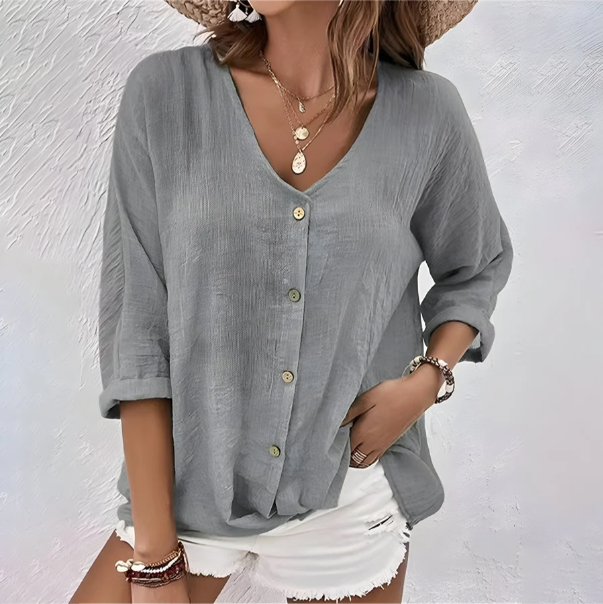Women's Button Up Blouse Woven Fabric V Neck Elbow Sleeve