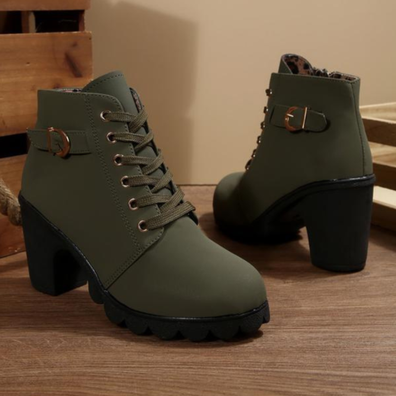 Lace Up Chunky Ankle Boots Women Faux Suede Metal Buckle Block Heel