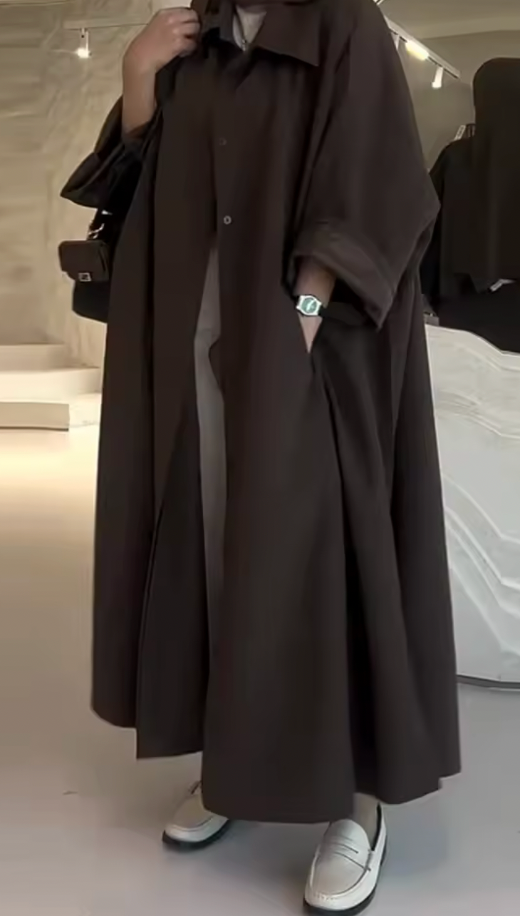 Elvara / Womenâs X-Long Single-Breasted Coat with Turn-Down Collar