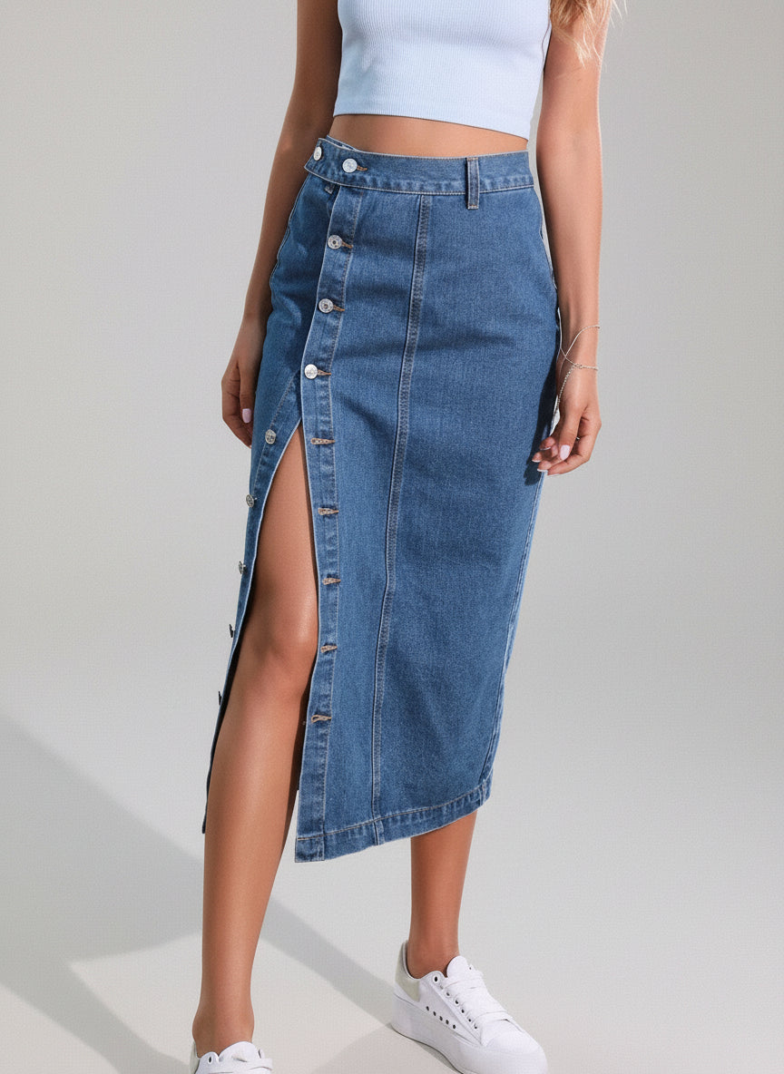Axelle / Women’s High-Slit Denim Midi Skirt
