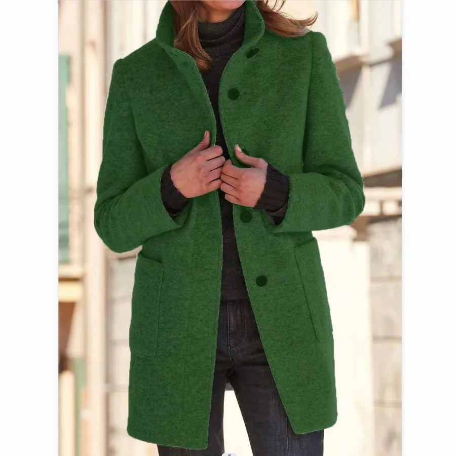 Women's Stand Collar Longline Coat, Single-Breasted Straight Fit Jacket with Pockets