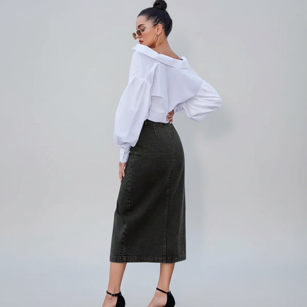 Axelle / Women’s High-Slit Denim Midi Skirt