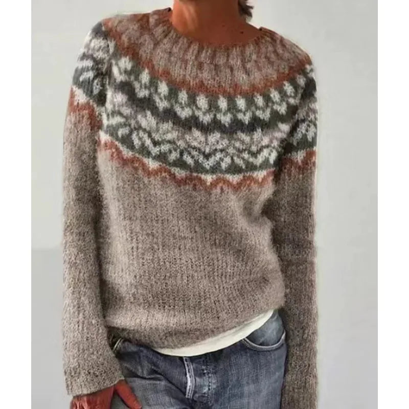 Women's Fair Isle Jumper, Crew Neck Yoke Pattern Loose Fit Knitwear