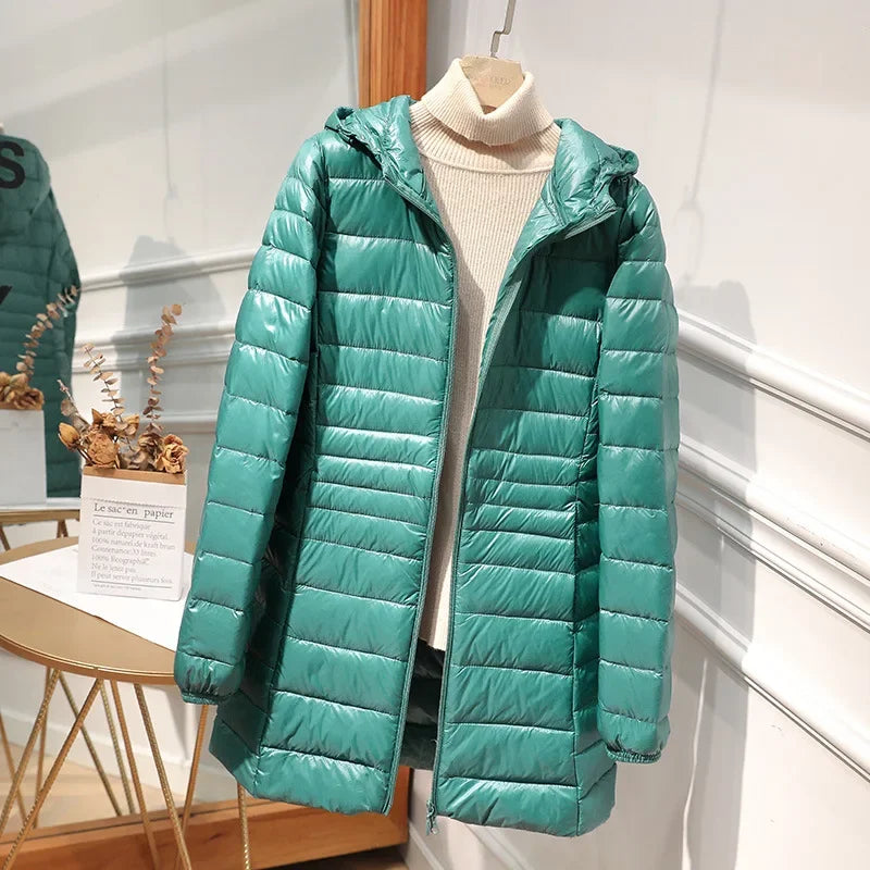 Women's Lightweight Packable Down Jacket, Long Quilted Coat with Stand Collar