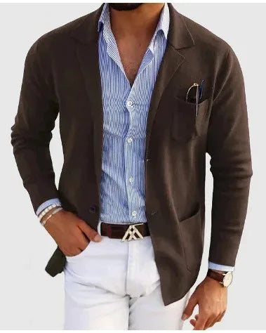 Men's Knitted Blazer Coat, Notch Lapel Single-Breasted Outerwear with Patch Pocket
