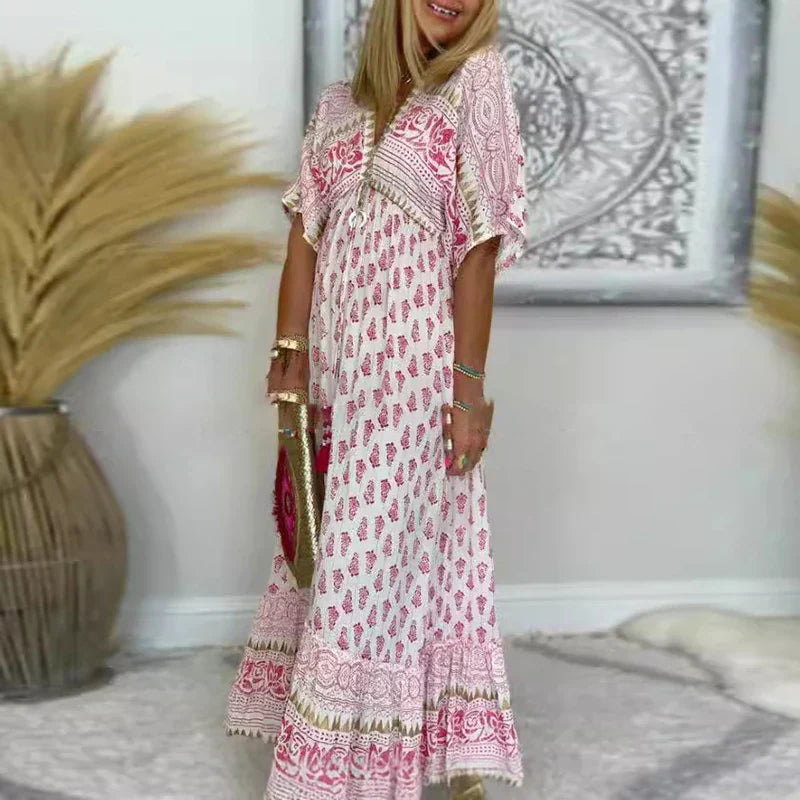 Women's Maxi Dress Woven Fabric Loose Fit V Neck Short Sleeve