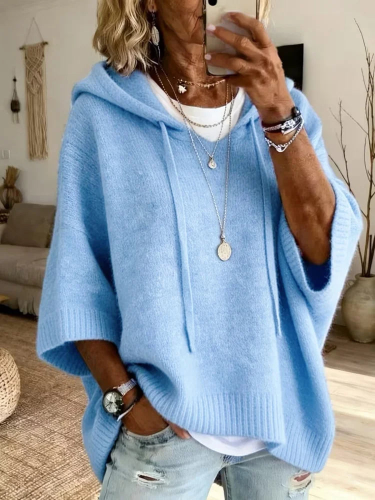 Women's Hooded Poncho Jumper, Oversized Batwing Sleeve Knit Pullover