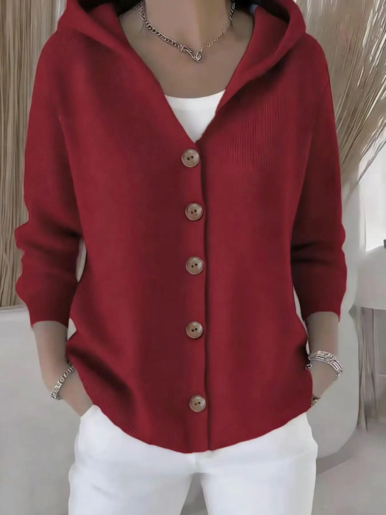 Women's Hooded Knitted Cardigan, Button-Front Loose Fit Knit Jacket