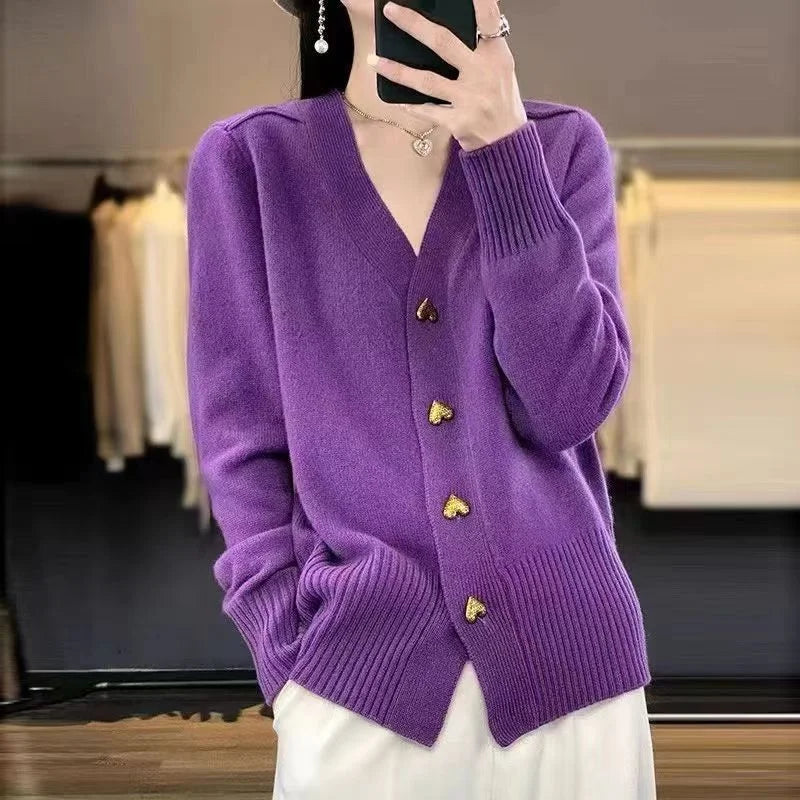 Women's V-Neck Knitted Cardigan, Button-Front Lightweight Relaxed Fit