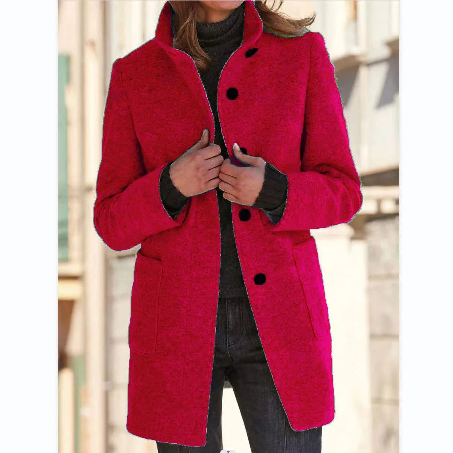 Women's Stand Collar Longline Coat, Single-Breasted Straight Fit Jacket with Pockets