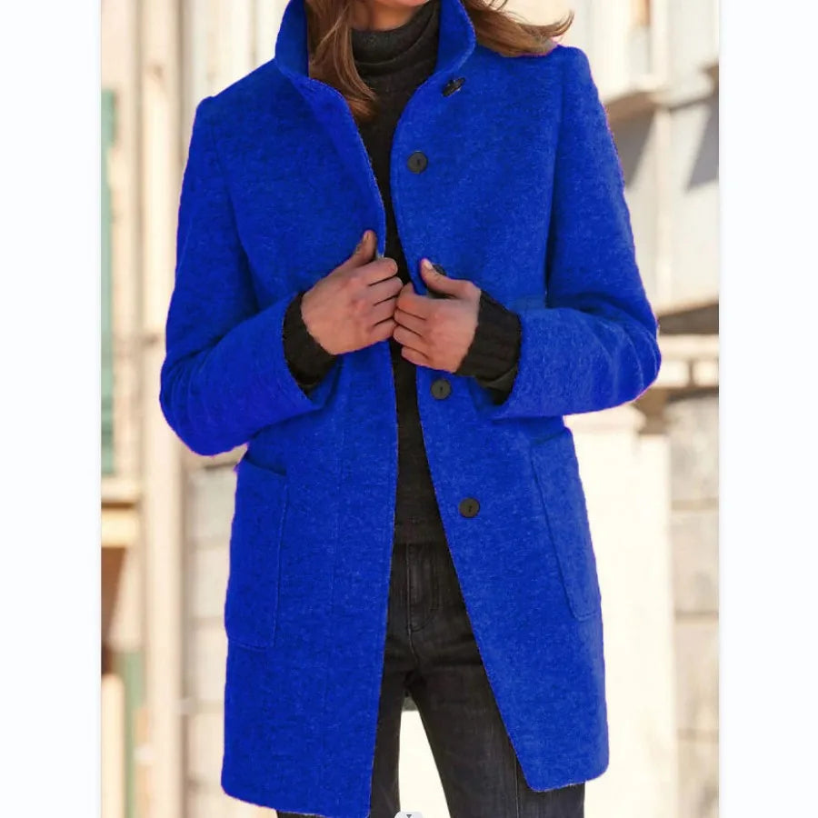 Women's Stand Collar Longline Coat, Single-Breasted Straight Fit Jacket with Pockets
