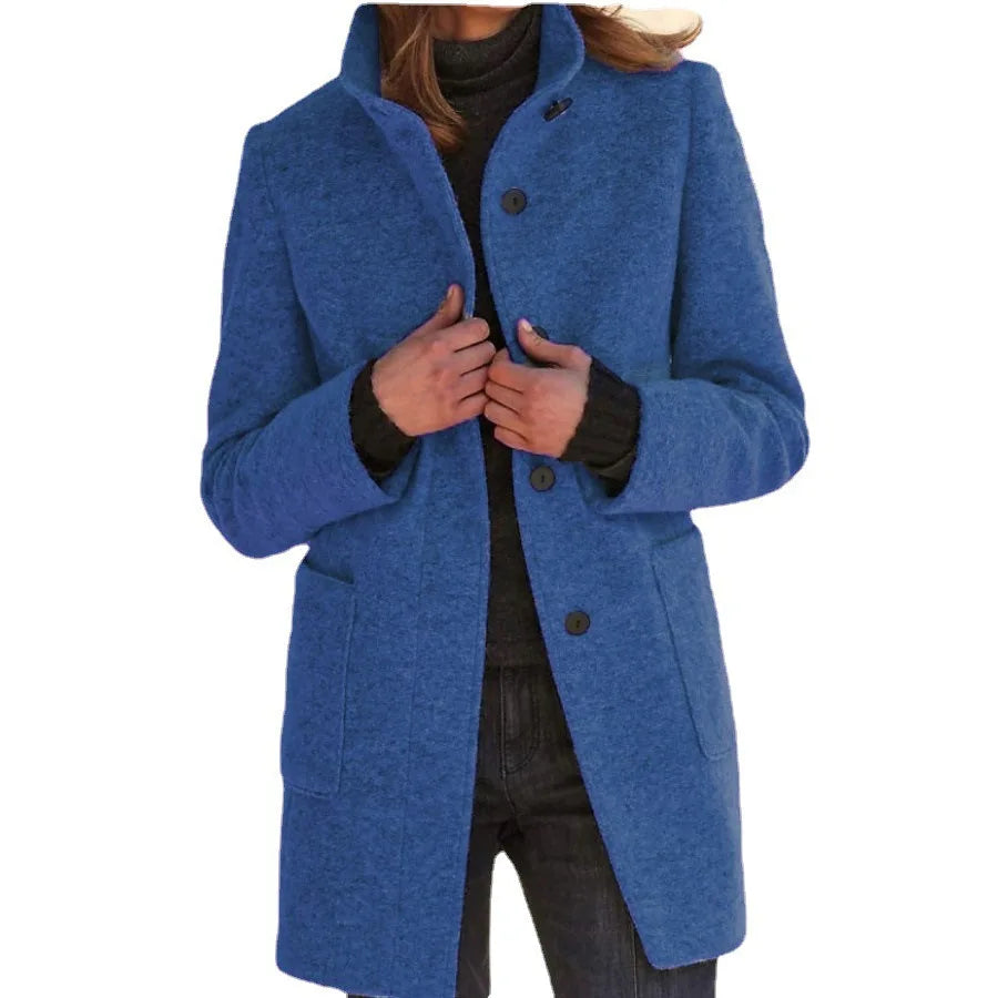 Women's Stand Collar Longline Coat, Single-Breasted Straight Fit Jacket with Pockets