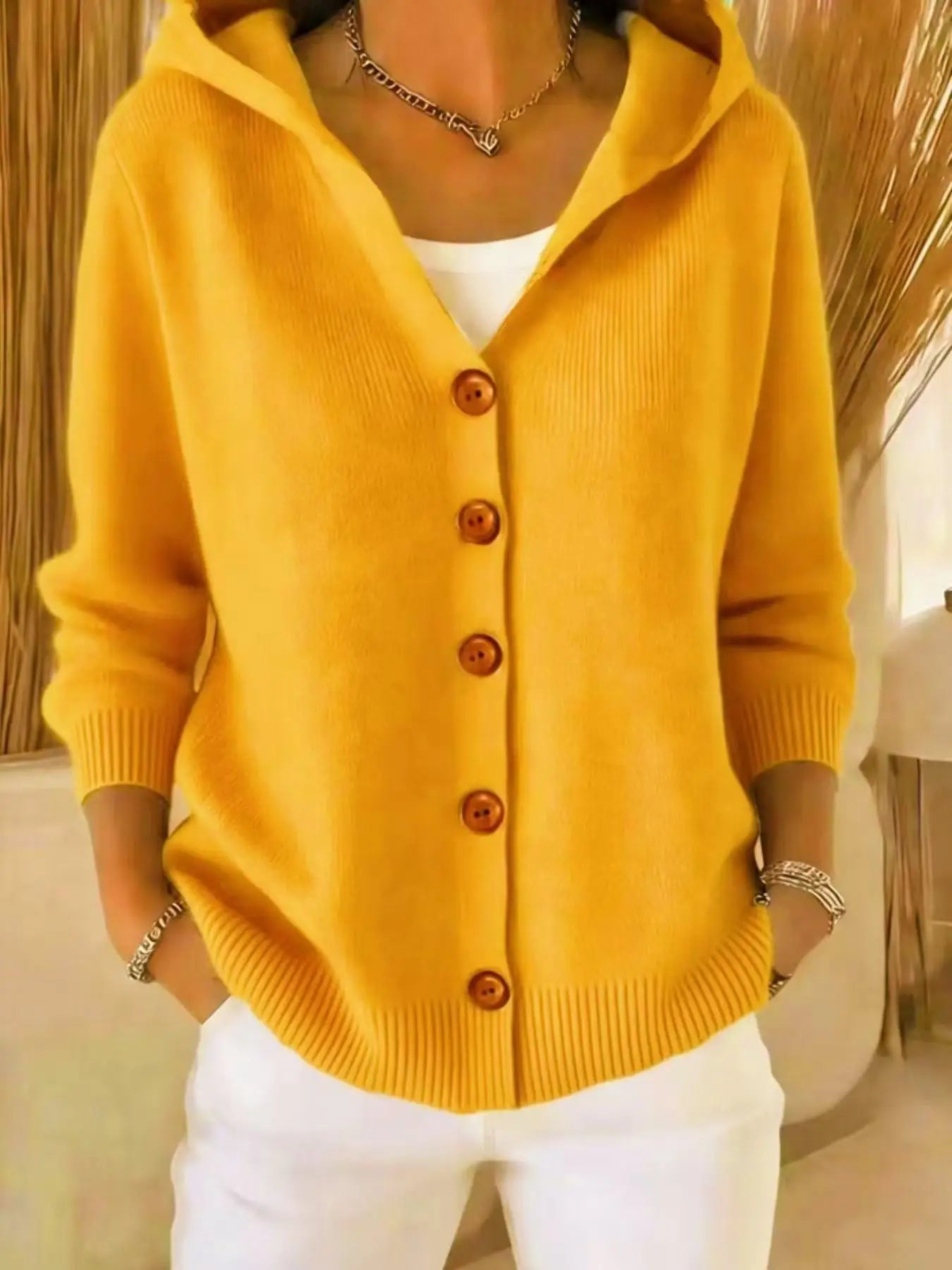 Women's Hooded Knitted Cardigan, Button-Front Loose Fit Knit Jacket