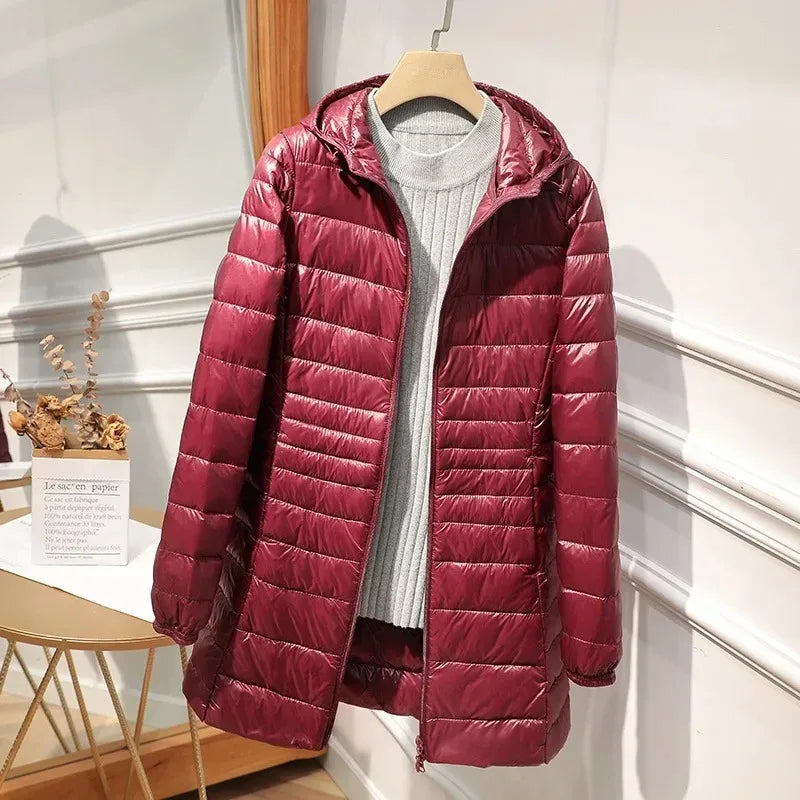 Women's Lightweight Packable Down Jacket, Long Quilted Coat with Stand Collar