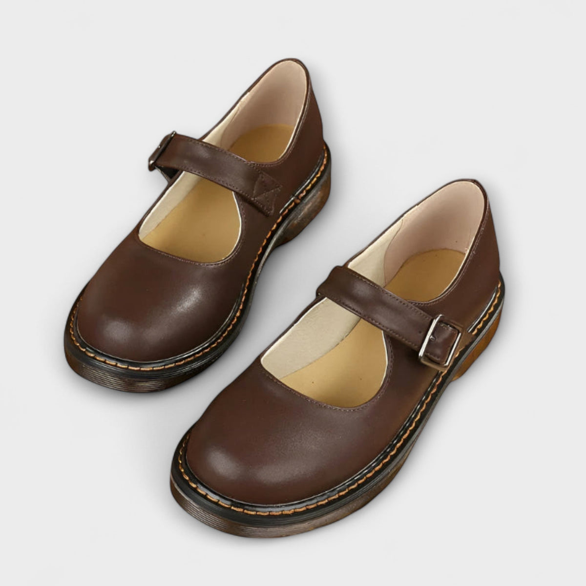Women’s Leather-Look Mary Jane Shoes with Buckle Strap and Low Block Heel