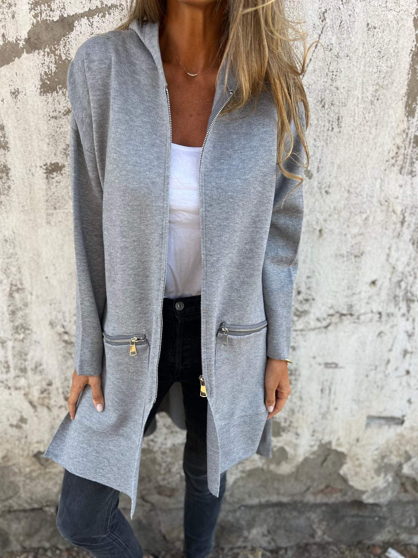 Women's Longline Zip Up Jacket, Relaxed Fit Casual Coat with Pockets