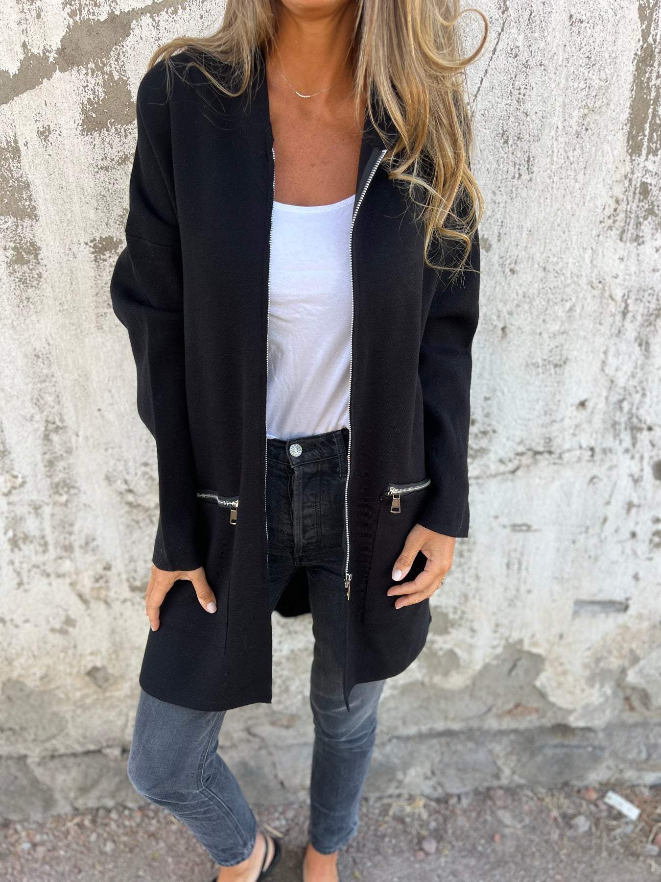 Women's Longline Zip Up Jacket, Relaxed Fit Casual Coat with Pockets