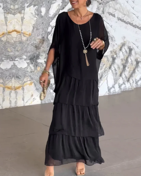 Women's Maxi Dress Woven Fabric Tiered Skirt Long Sleeve
