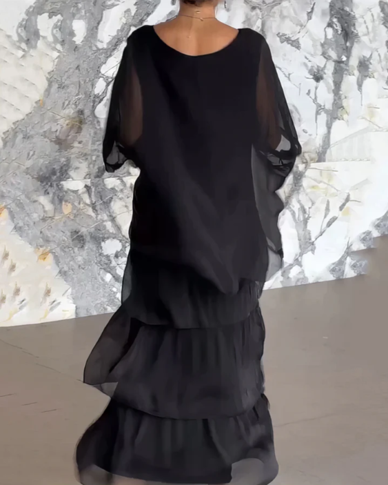 Women's Maxi Dress Woven Fabric Tiered Skirt Long Sleeve