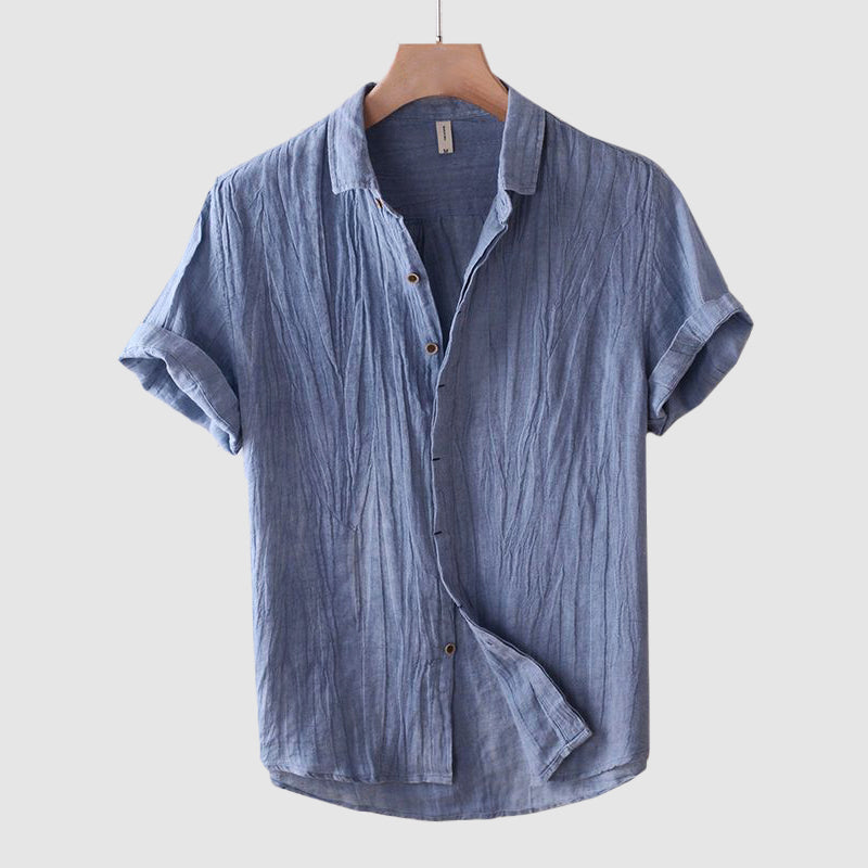 Men's Linen Shirt Short Sleeve Crinkle Texture Spread Collar Casual