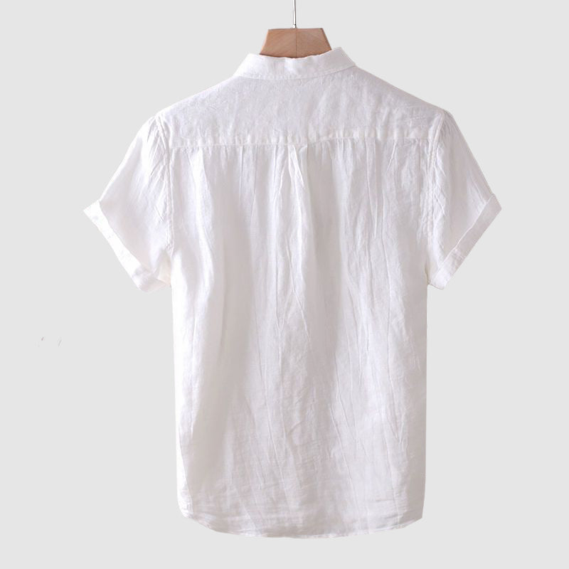 Men's Linen Shirt Short Sleeve Crinkle Texture Spread Collar Casual