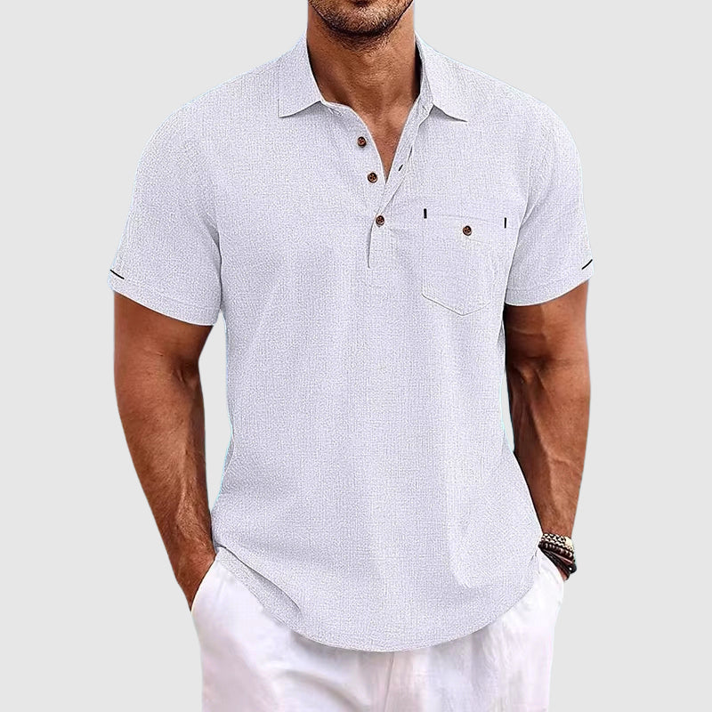 Men's Linen Polo Shirt Short Sleeve Chest Pocket Horn Button Casual