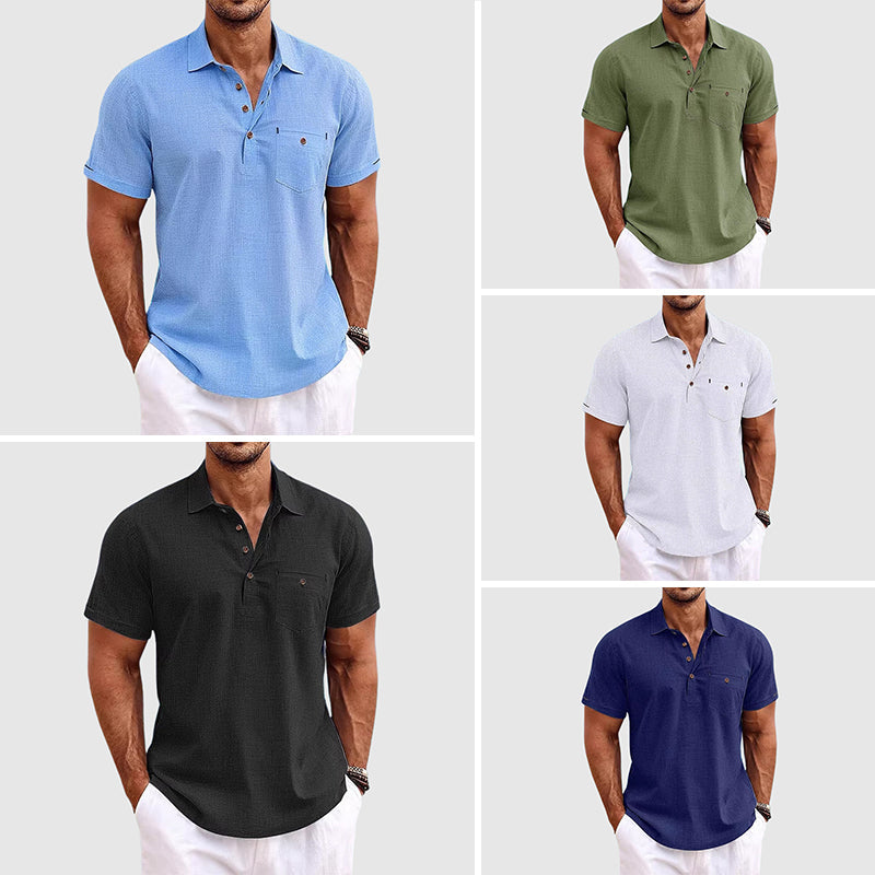 Men's Linen Polo Shirt Short Sleeve Chest Pocket Horn Button Casual