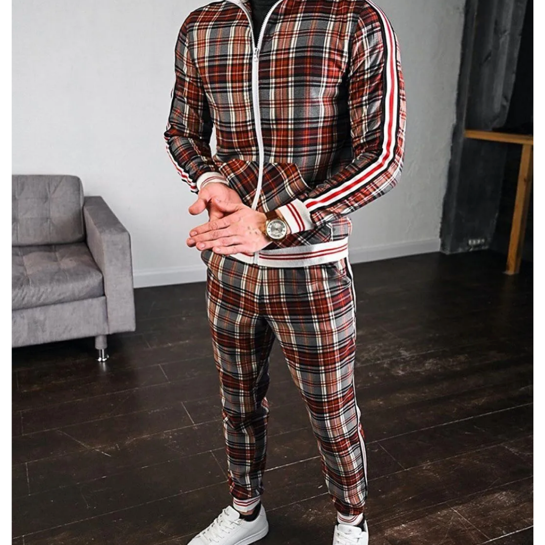 Men's Check Tracksuit Set, Zip-Up Jacket and Jogger Co-Ord with Side Stripe