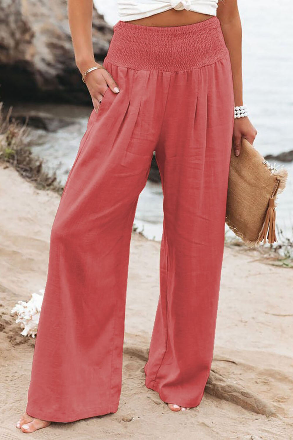 Women's Pants Linen Wide Leg Elastic Waist Flowing