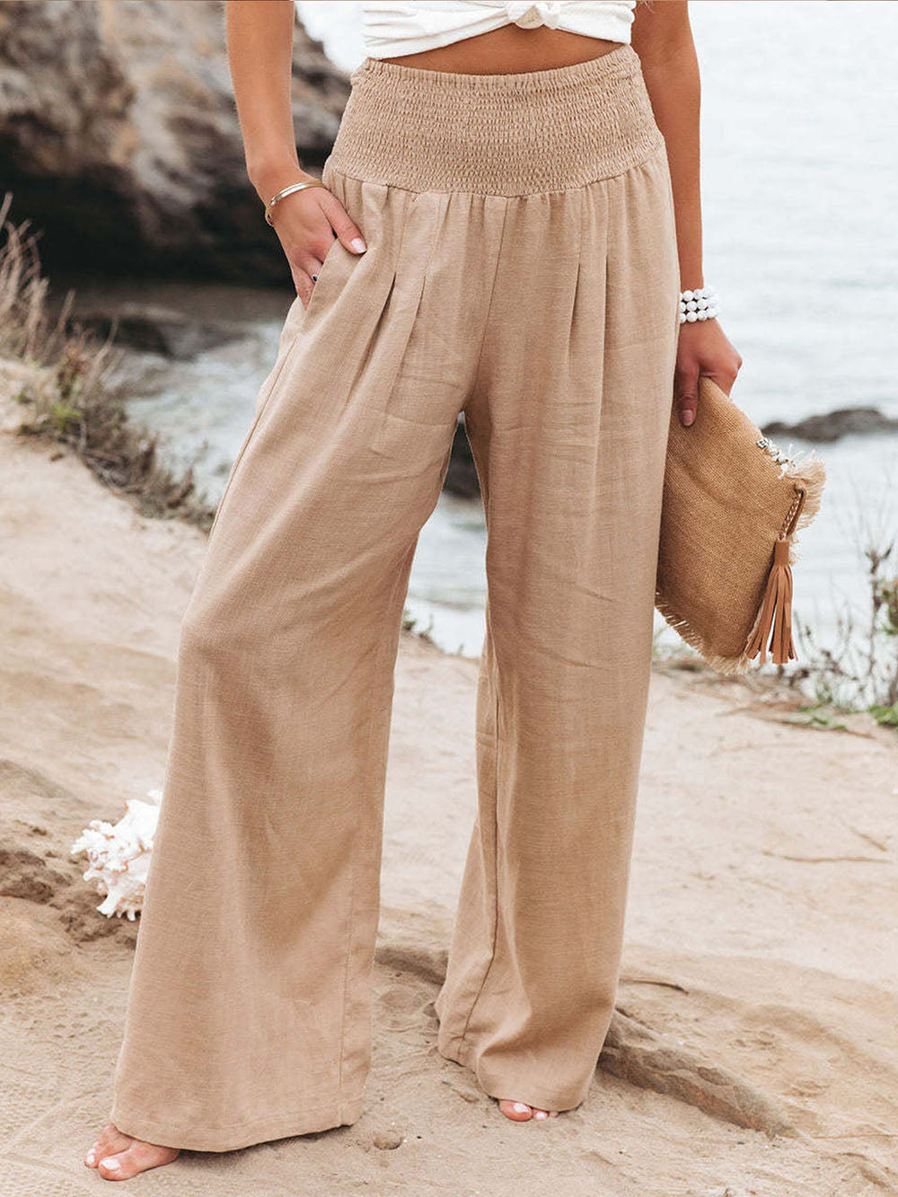 Women's Pants Linen Relaxed Wide Leg Elastic Waist