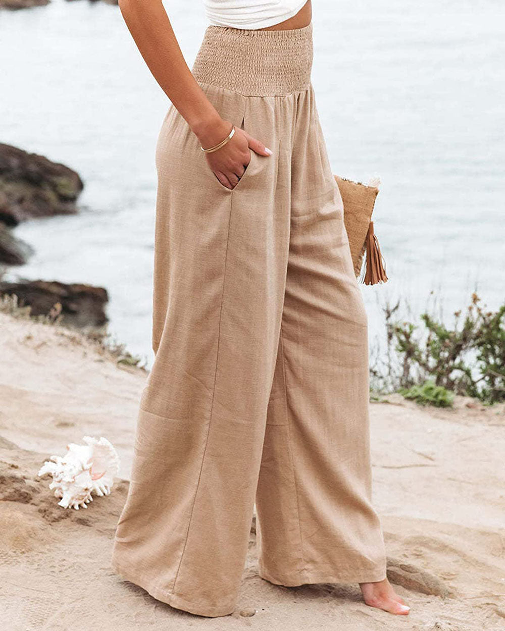 Women's Pants Linen Wide Leg Elastic Waist Flowing