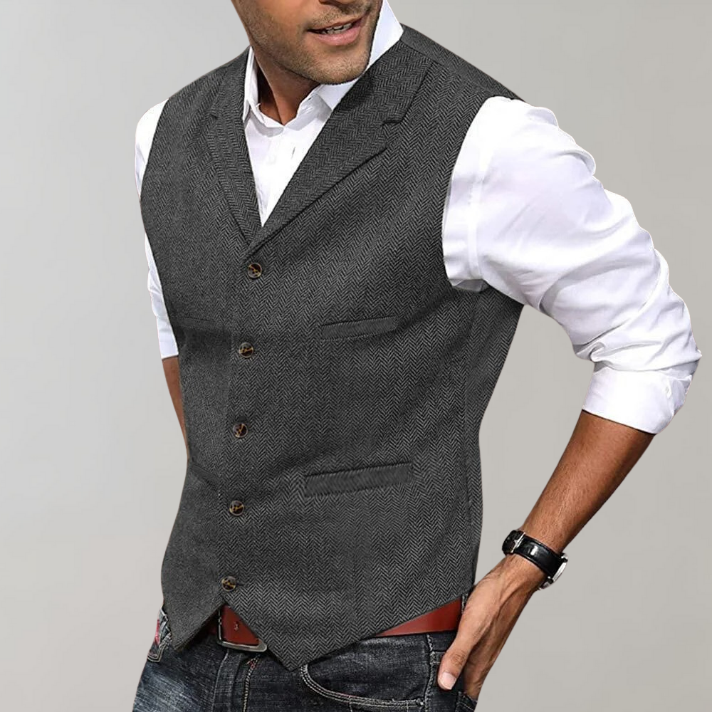 Men's Herringbone Waistcoat, Tailored Fitted Vest with Lapel Collar