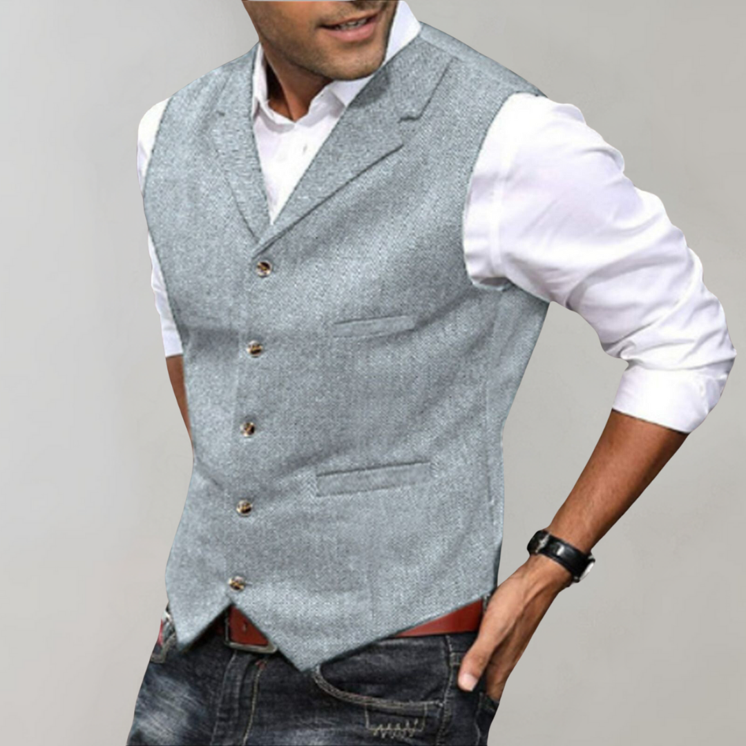 Men's Herringbone Waistcoat, Tailored Fitted Vest with Lapel Collar