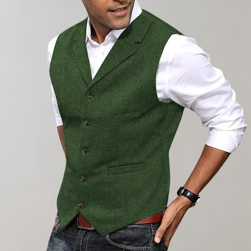 Men's Herringbone Waistcoat, Tailored Fitted Vest with Lapel Collar