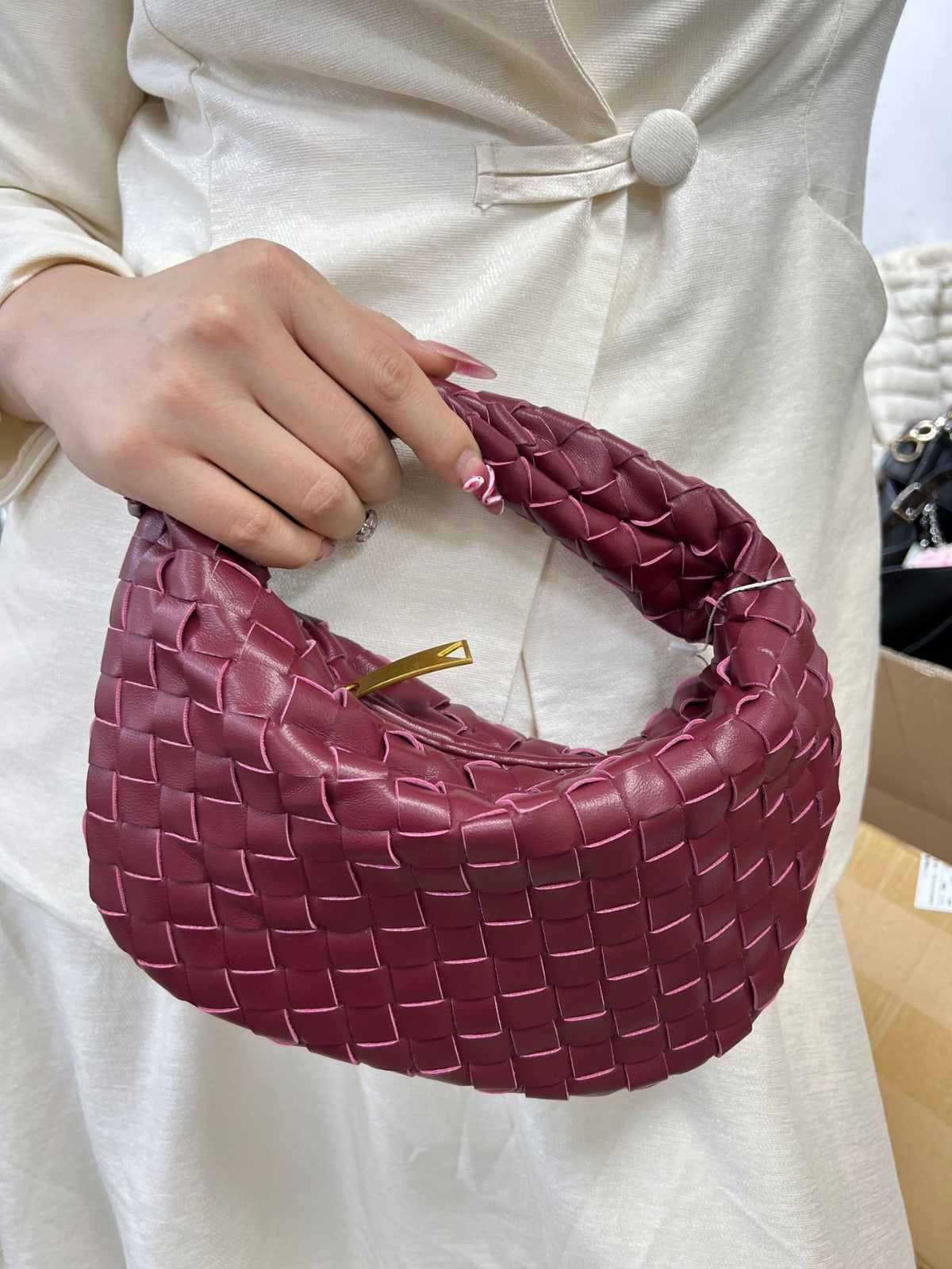 Women’s Woven Faux Leather Mini Bag with Crescent Shape, Integrated Handle and Zip Closure