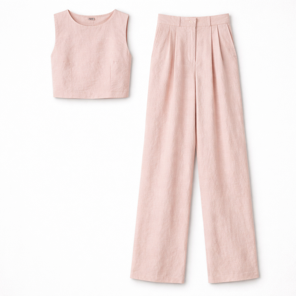 Co-Ord Set Sleeveless Vest and Wide-Leg Pants in Linen Blend