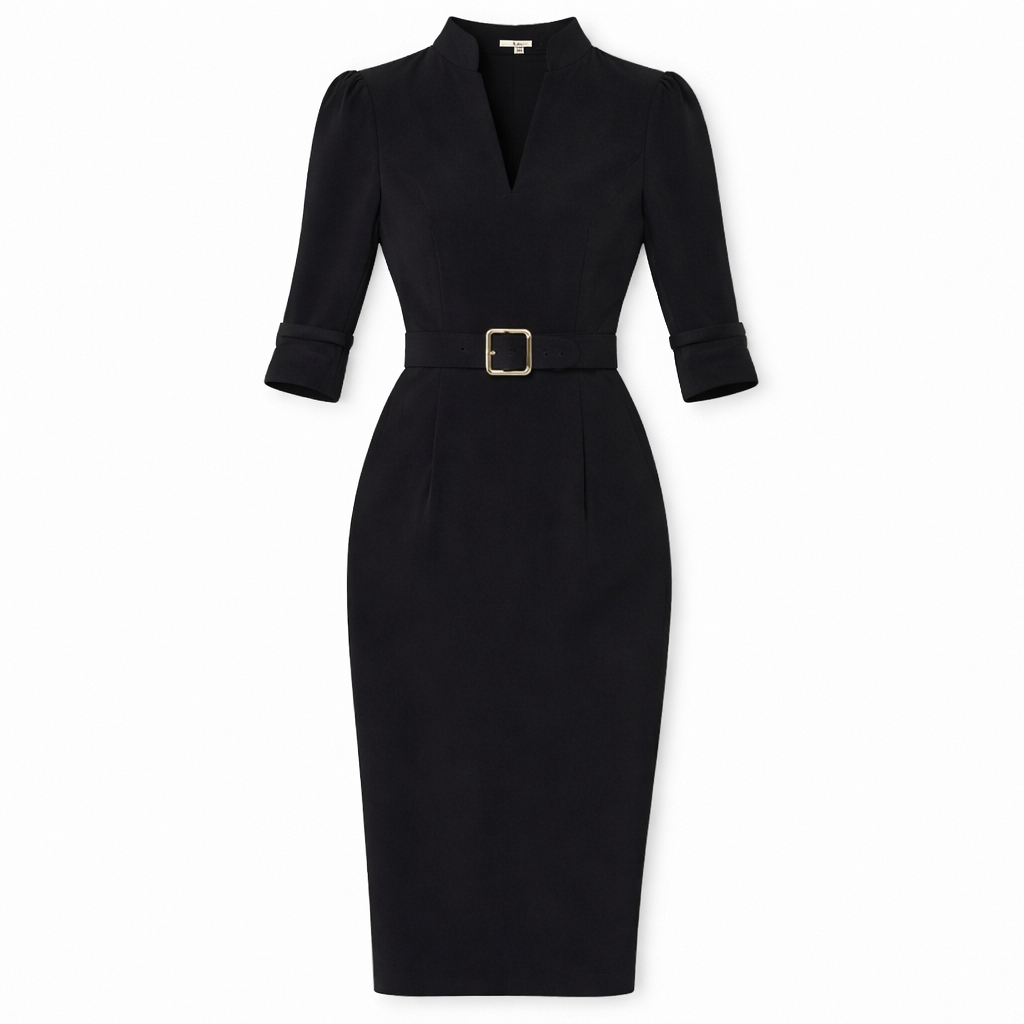 Midi Dress Belted Sheath with Collar for Office and Evening