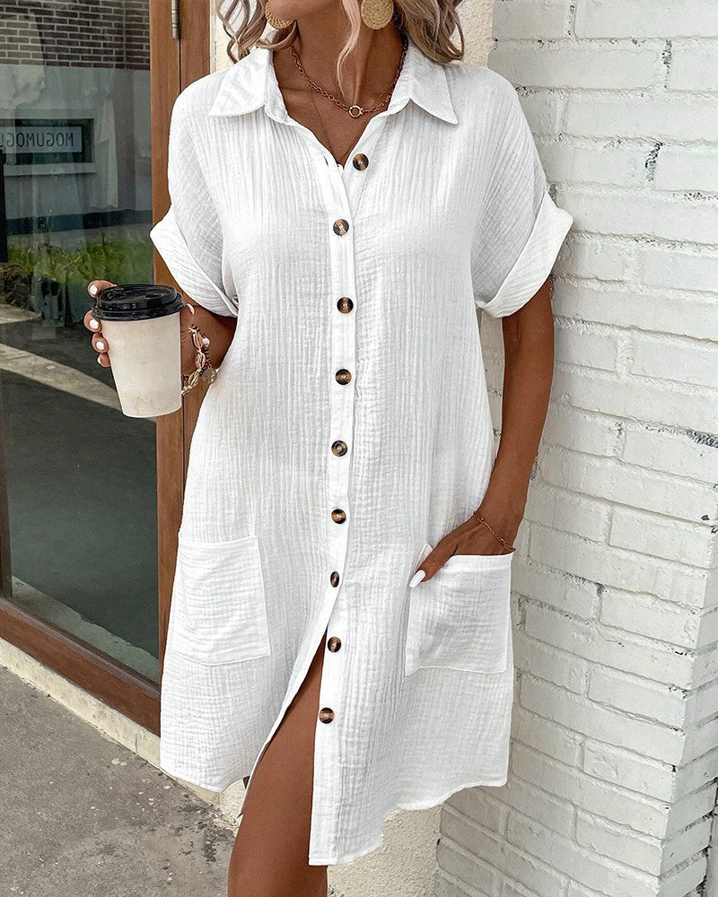 Women's Shirt Dress Woven Fabric Button Front Pocket